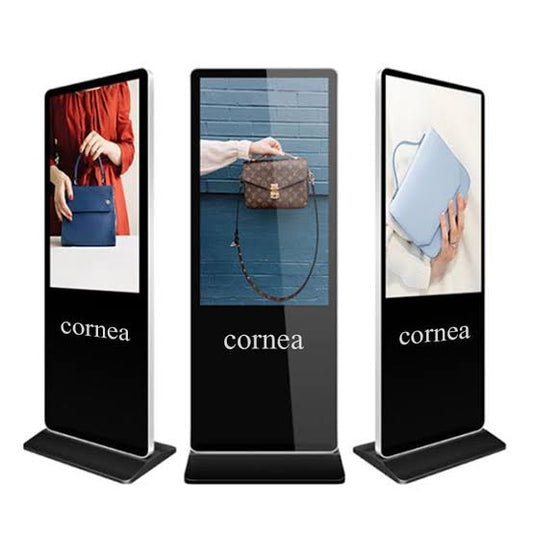Freestanding digital signage totem with portrait screen in a lobby — digital totem Dubai