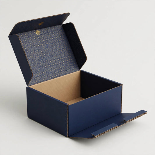 Navy printed e-commerce mailer box open with gold pattern inside the lid — custom e-commerce packaging Dubai