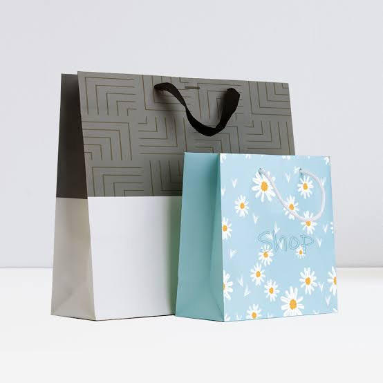 Patterned fashion shopping bags in grey and floral print with ribbon handles — custom retail bags Dubai