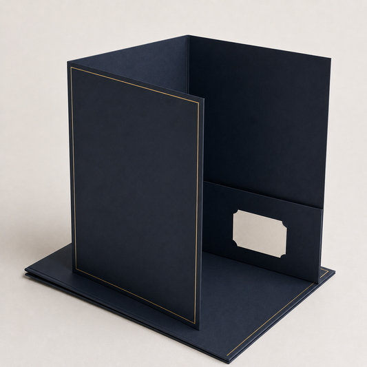 Navy presentation file folders with gold foil logo and inside pocket — custom folder printing Dubai