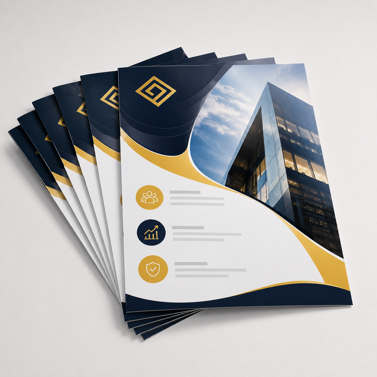 Fanned stack of full-colour printed flyers in navy and gold — flyer printing Dubai