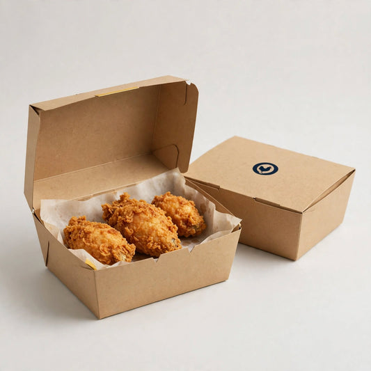 Kraft fried chicken box open with chicken pieces on greaseproof liner, closed box with navy logo mark beside it — custom chicken box packaging Dubai