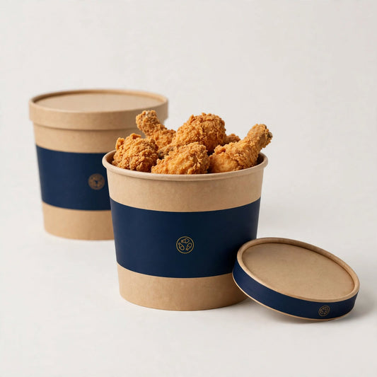 Kraft fried chicken bucket with navy band and paper lid, chicken pieces visible, second bucket behind — custom chicken bucket packaging Dubai