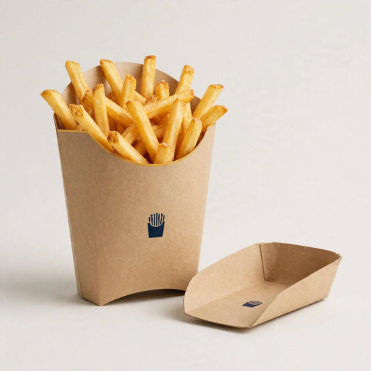 Kraft fries scoop carton filled with golden fries, second empty scoop beside it, navy fries icon — custom fries box packaging Dubai
