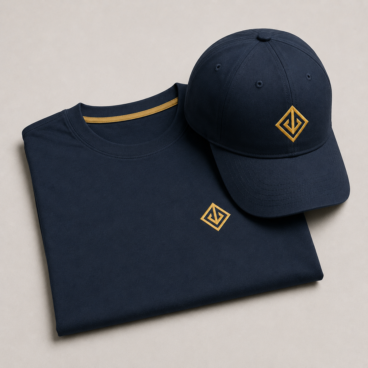 Navy branded cap and white t-shirt with gold logo — branded caps and t-shirts Dubai