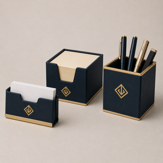 Navy leather desk pad, pen holder and coasters with gold embossed logo — branded desk accessories Dubai