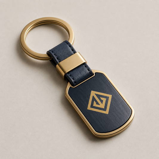 Leather and gold metal keychains with embossed logo — custom keychains Dubai