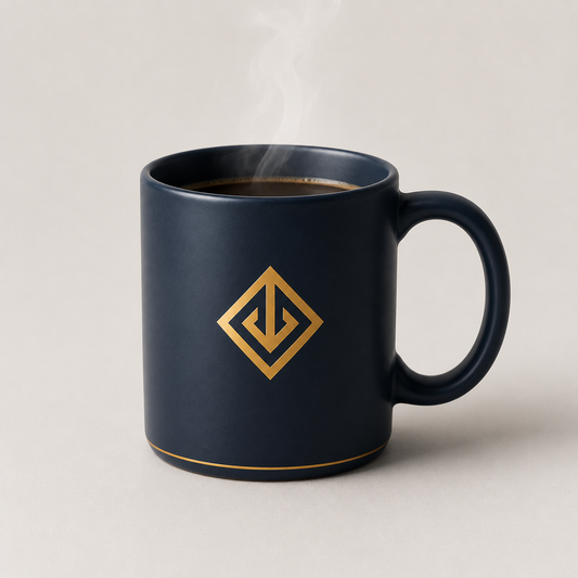White ceramic mug with navy and gold logo print in a gift box — custom printed mugs Dubai