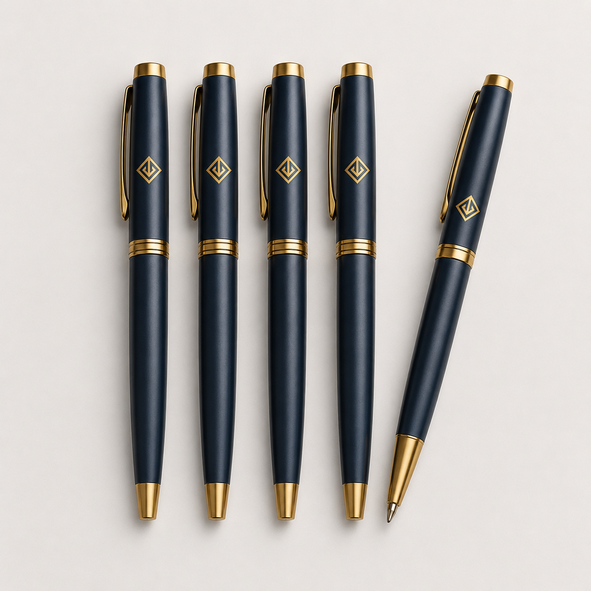 Navy and gold branded metal pens in a presentation box — branded pens Dubai