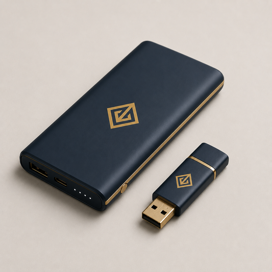 Navy branded power bank and metal USB drive with gold logo — branded USB and power banks Dubai