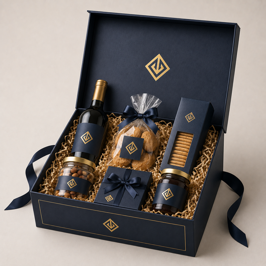 Navy hamper gift set box with fitted insert and ribbon — ALEF UAE
