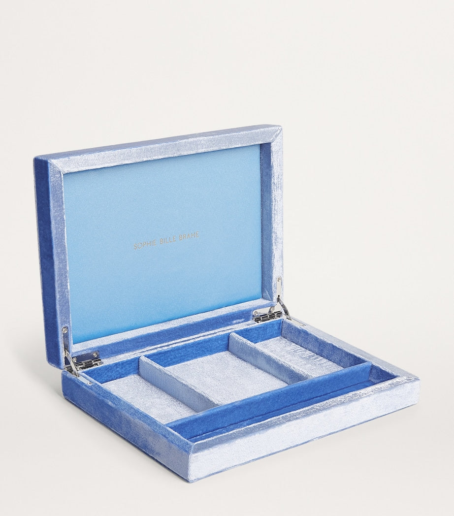 Light blue jewellery organizer box with velvet compartments, open