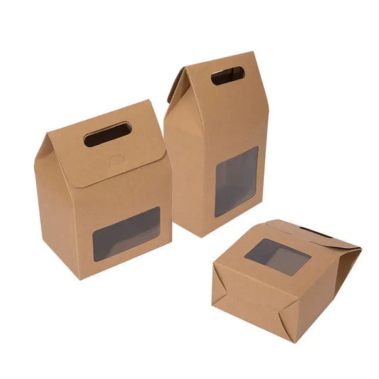 Kraft food boxes with clear window and handle — custom takeaway packaging Dubai