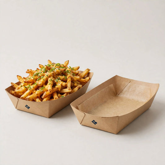 Two kraft boat-shaped food trays, one with loaded fries and one empty, navy logo mark — custom food tray packaging Dubai