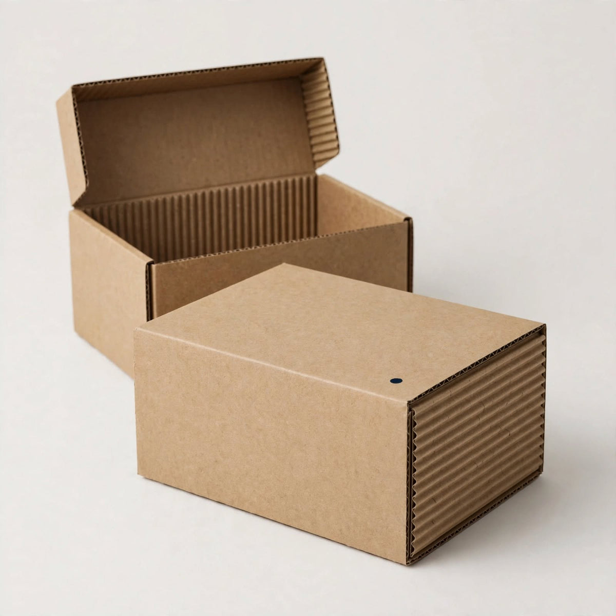Plain kraft corrugated mailer boxes, one closed with navy logo mark and one open — custom kraft mailer boxes Dubai