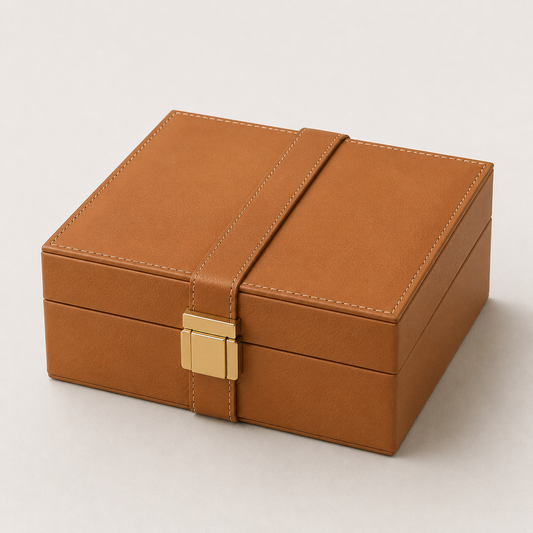 Custom tan leather box with metal clasp and strap closure — ALEF UAE