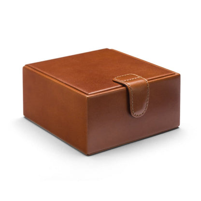 Tan leather box with stitched strap closure — executive gift packaging UAE