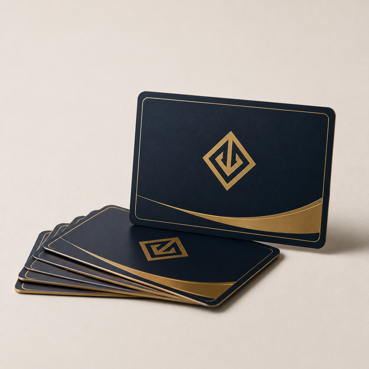 Navy loyalty and gift cards with gold foil logo fanned on a surface — gift card printing Dubai
