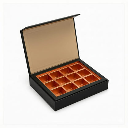 Black magnetic rigid box with divider insert for chocolates and dates — UAE