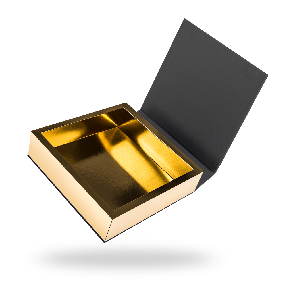 Custom black magnetic closure rigid gift box with gold interior — ALEF UAE