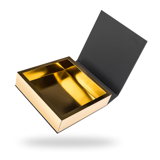 Custom black magnetic closure rigid gift box with gold interior — ALEF UAE