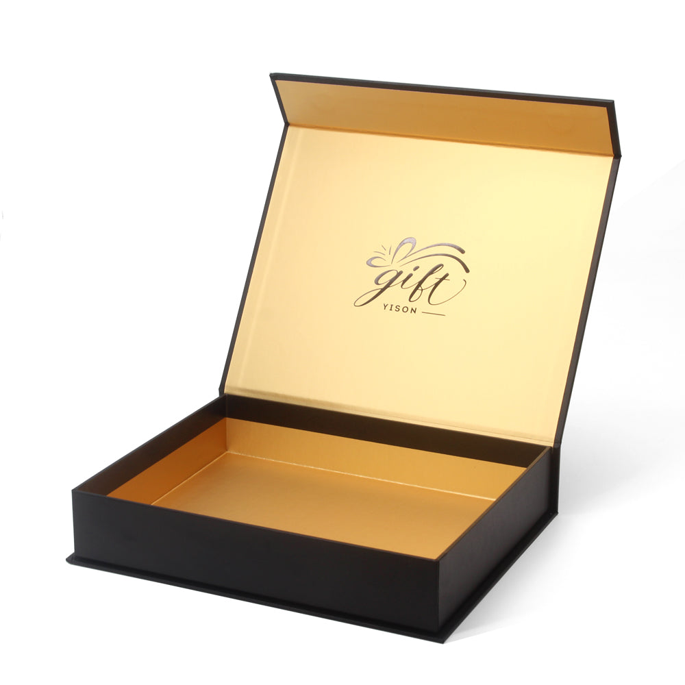 Black magnetic rigid gift box with gold interior — ALEF Printing & Packaging, Ajman, UAE