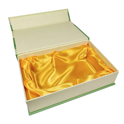 Green magnetic rigid gift box with gold satin insert for jewellery