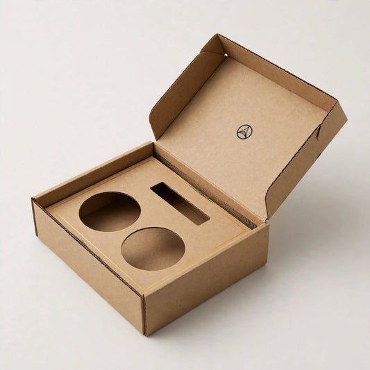Kraft mailer box open with fitted die-cut insert and empty cavities — custom mailer box with insert Dubai