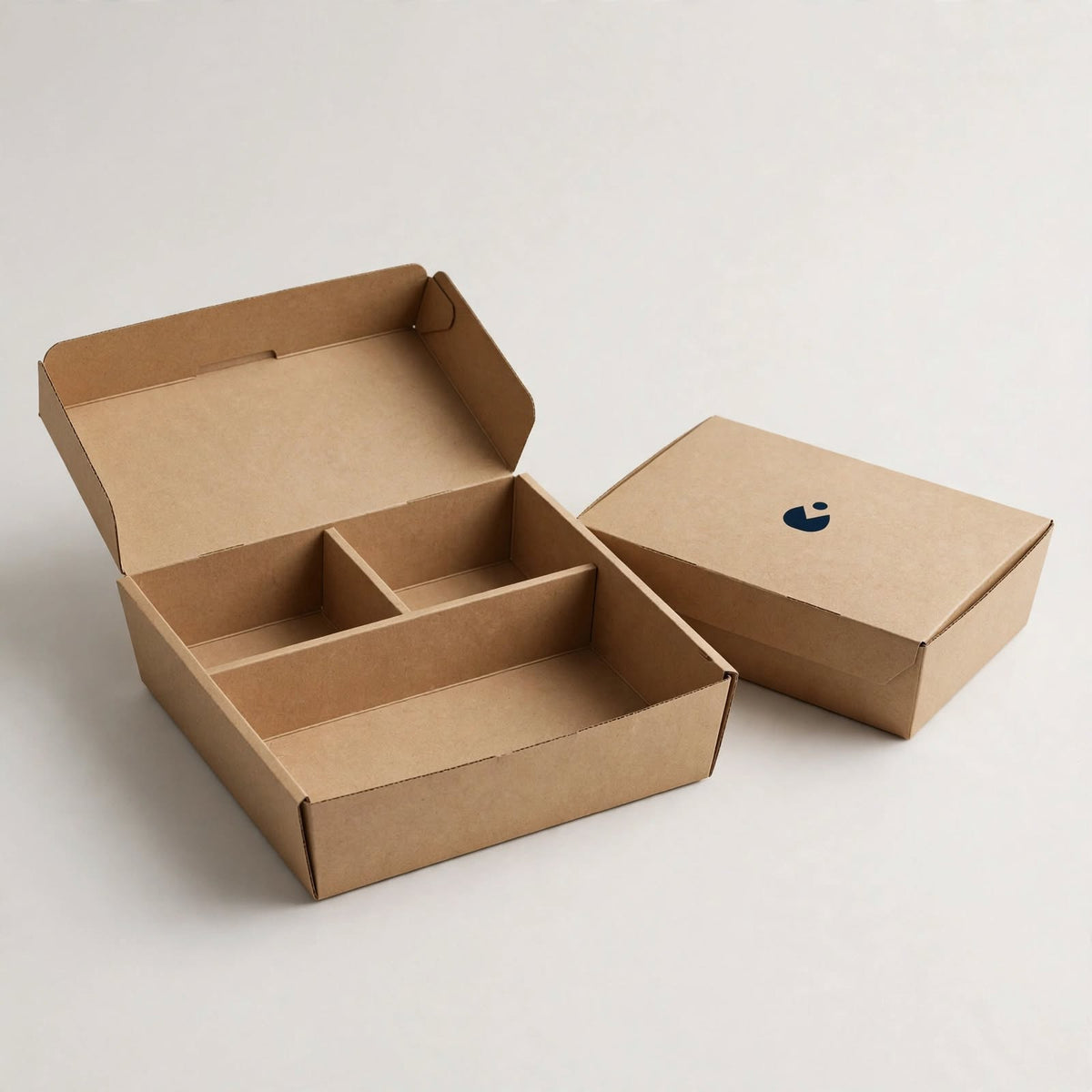 Kraft meal box open with three empty compartments, closed box with navy logo mark beside it — custom compartment meal box Dubai