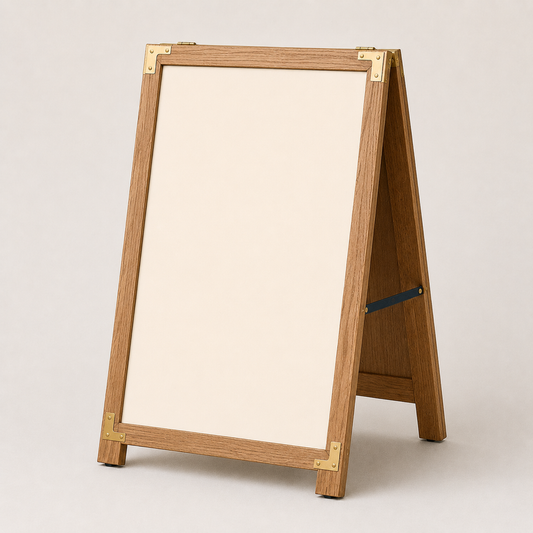 Wooden A-frame welcome sign stand with navy and gold printed panel — menu sign stand Dubai