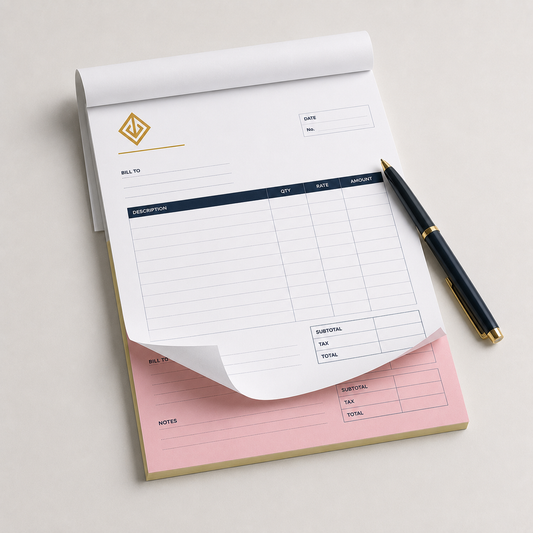 Bound NCR invoice book with printed navy header and numbered pages — invoice book printing Dubai