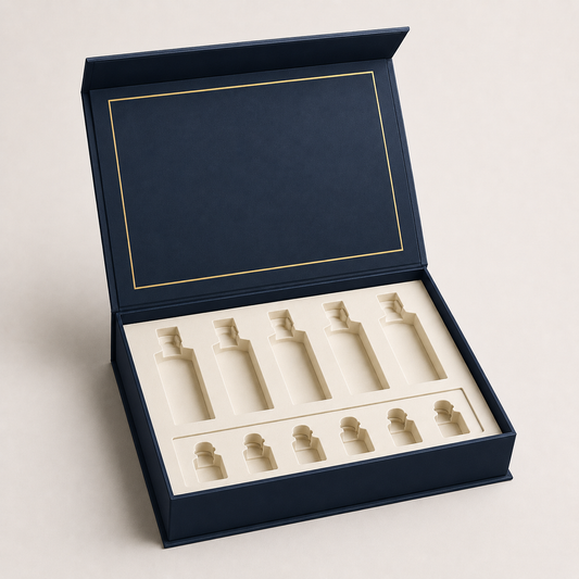 Custom navy oud and attar gift box with gold foil and fitted velvet insert — ALEF UAE