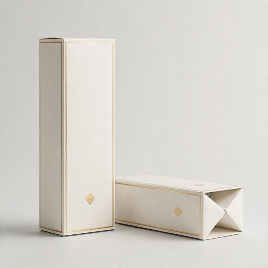 Ivory soft-touch perfume folding cartons with gold foil border, standing and flat — custom perfume cartons Dubai