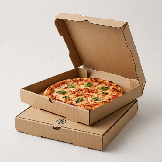 Kraft corrugated pizza box open with plain pizza inside, closed box beneath with navy logo mark — custom pizza box packaging Dubai