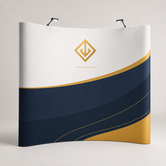 Curved pop-up display backdrop with navy and gold graphics at an exhibition — pop-up stands Dubai