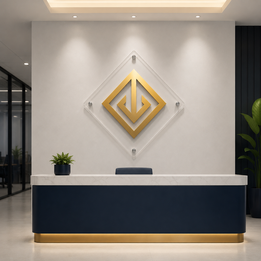Backlit 3D logo on a reception wall in navy and gold — office reception signage Dubai