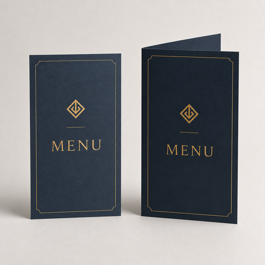 Laminated restaurant menu cards in navy and gold on a table — menu printing Dubai