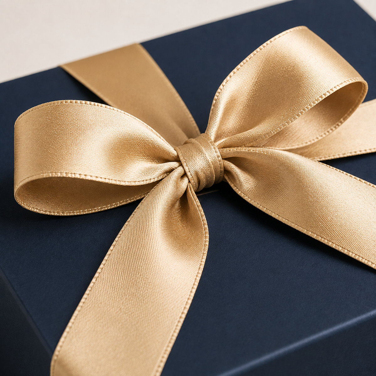 Rigid box with printed ribbon closure, lid lifted to show the interior — UAE packaging