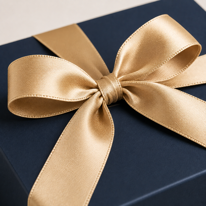 Rigid box with printed ribbon closure, lid lifted to show the interior — UAE packaging