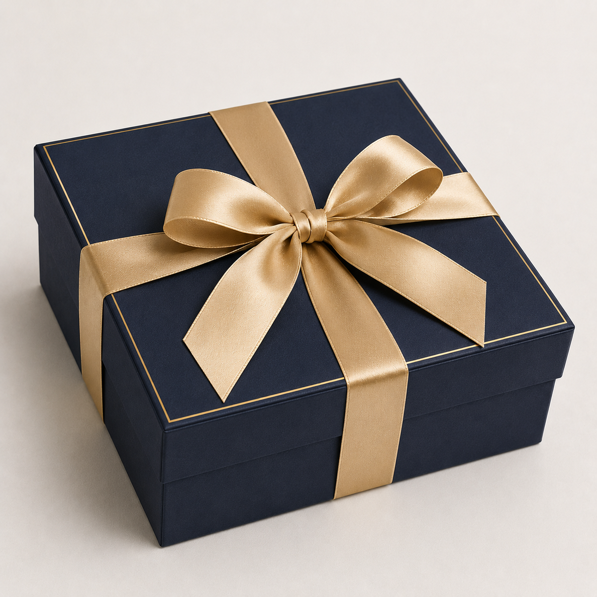 Custom navy rigid gift box with gold keyline and satin ribbon bow closure — ALEF UAE