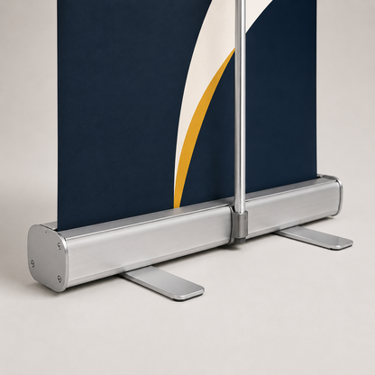 Close-up of a roll-up banner aluminium base and support pole — banner stand hardware Dubai