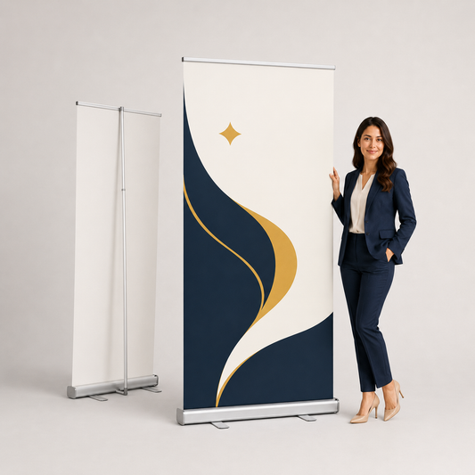 Woman beside a premium wide-base roll-up banner with rear view — premium banner stands Dubai