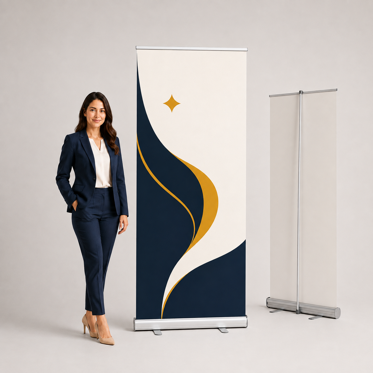 Woman standing beside a navy roll-up banner with rear view of the stand — roll-up banner printing Dubai