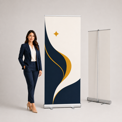 Woman standing beside a navy roll-up banner with rear view of the stand — roll-up banner printing Dubai