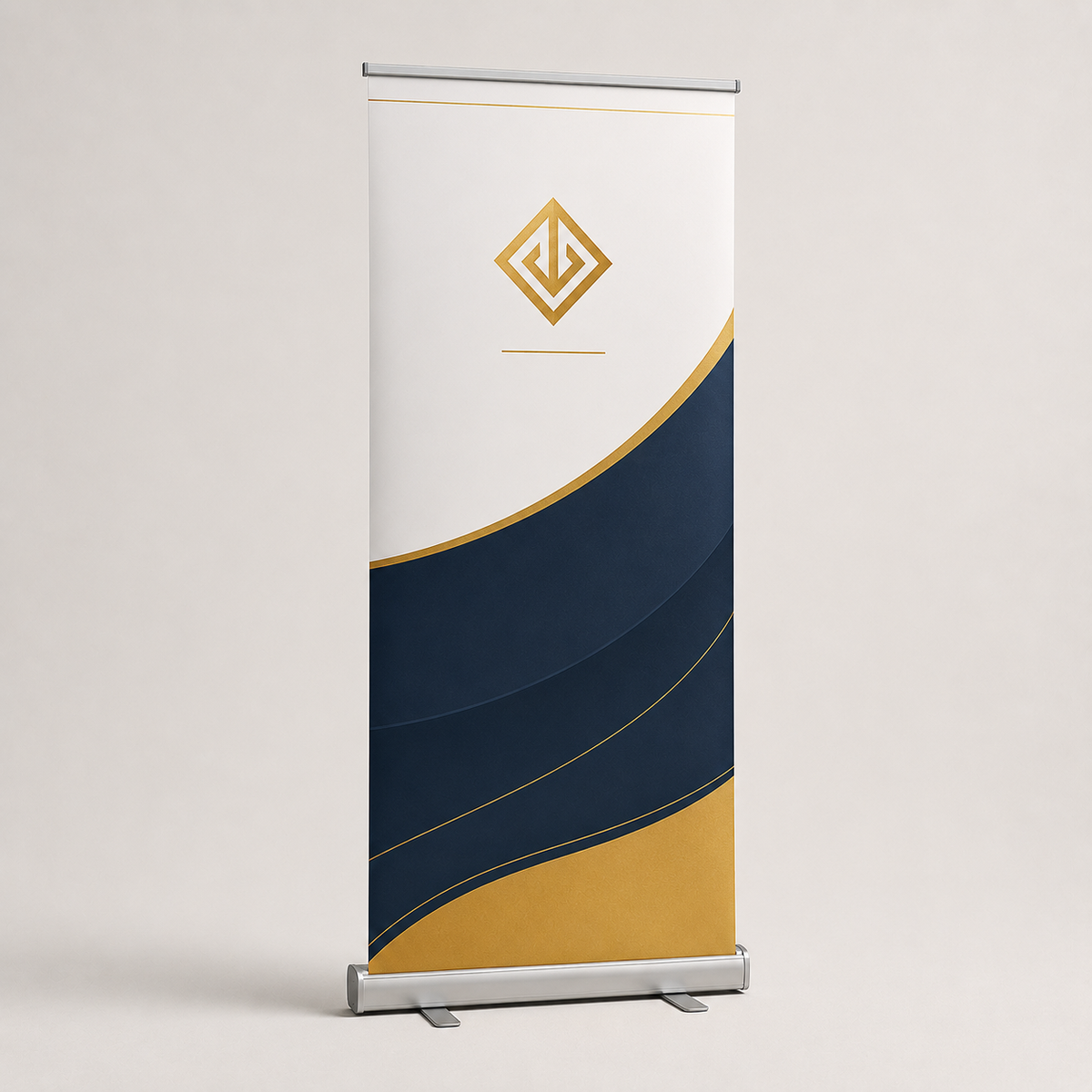 Standard roll-up banner with navy and gold artwork on an aluminium base — roll-up banners UAE