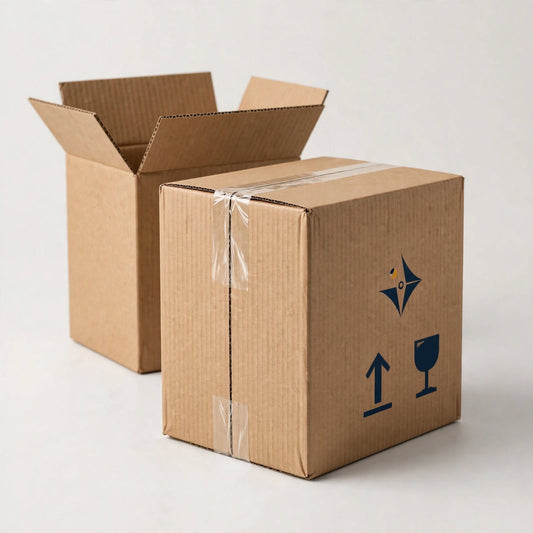 Brown corrugated RSC shipping carton with navy logo and handling symbols, second carton open — custom shipping boxes Dubai