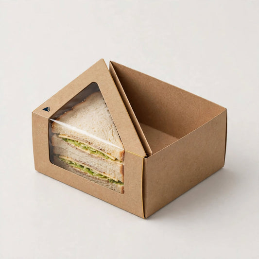 Kraft triangular sandwich wedge box with clear window showing a plain sandwich, second empty wedge beside it — custom sandwich packaging Dubai
