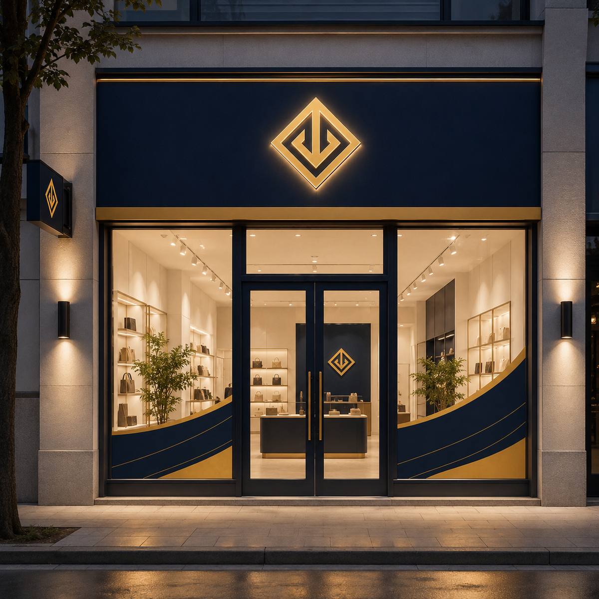 Retail shopfront with navy fascia sign, 3D gold letters and window graphics — shopfront branding Dubai