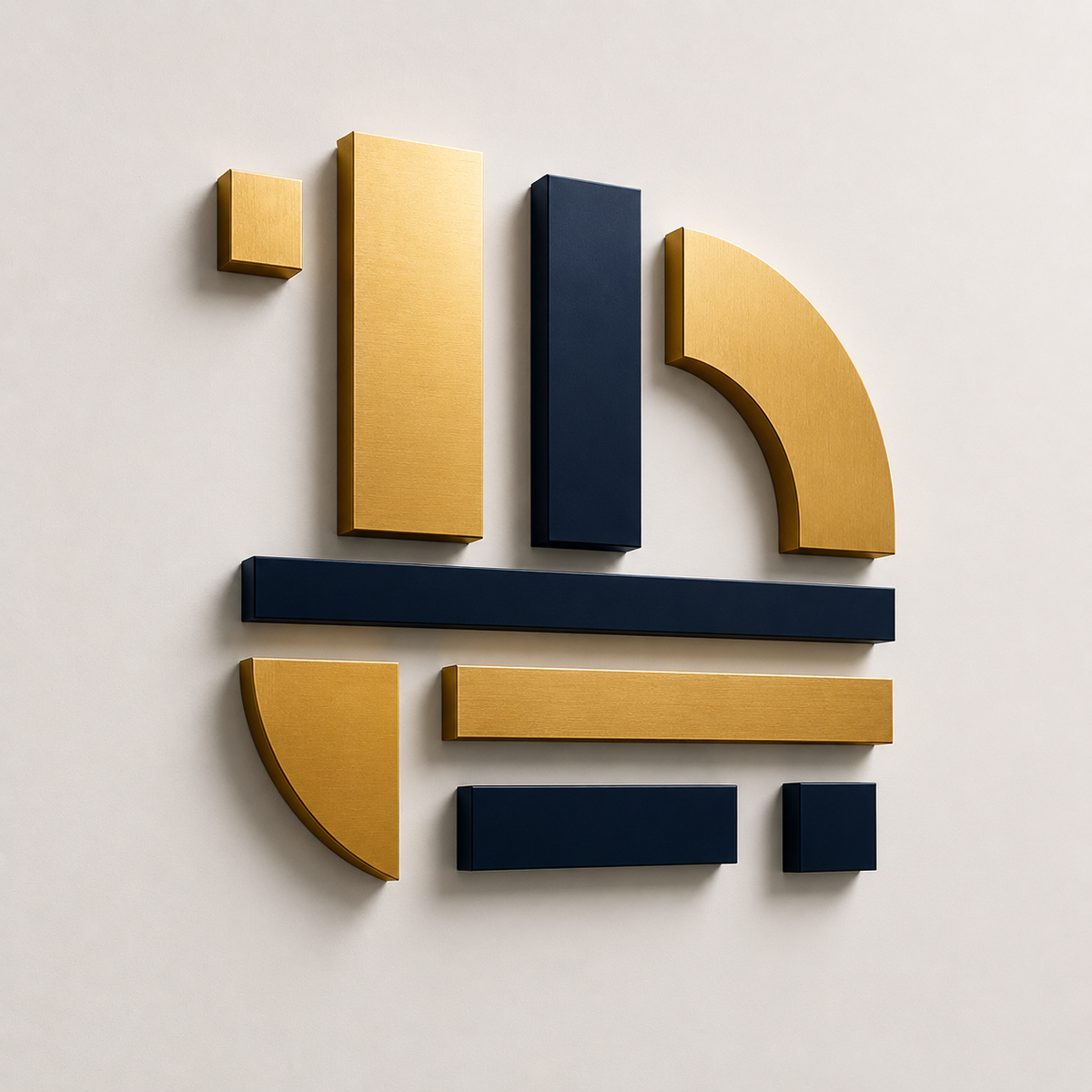 3D gold and navy dimensional sign board blocks on a plain wall — 3D signage Dubai