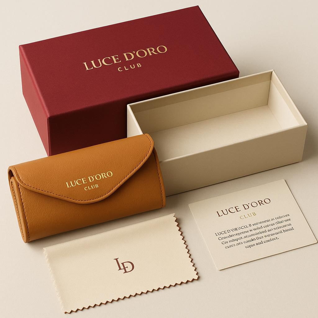 Maroon and cream sleeve box with gold foil and fitted tray for eyewear